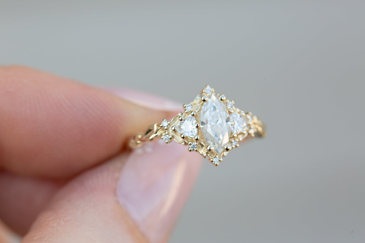 [Oramore jewelry]Briar rose three stone with 8x4mm marquise moissanite