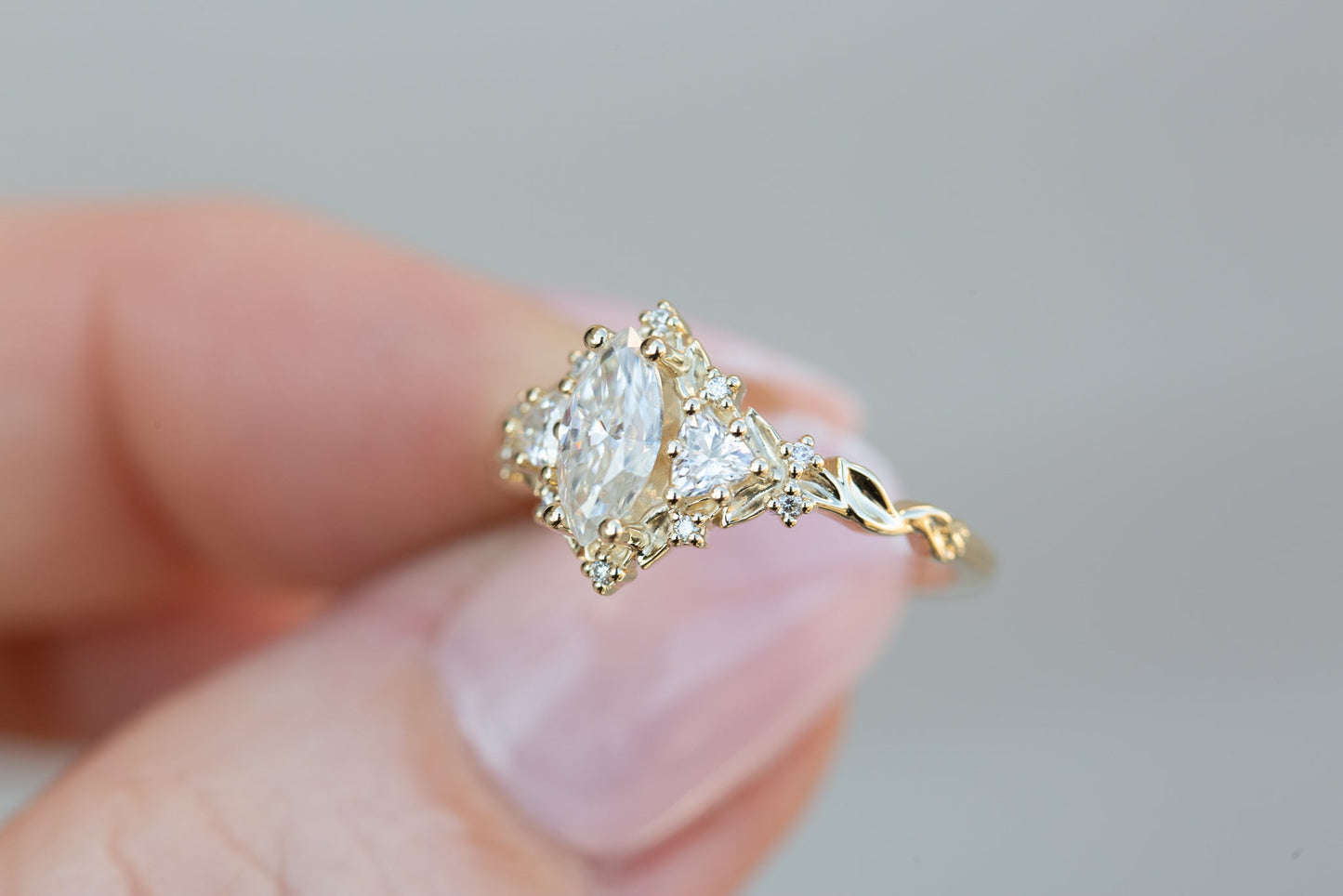 [Oramore jewelry]Briar rose three stone with 8x4mm marquise moissanite