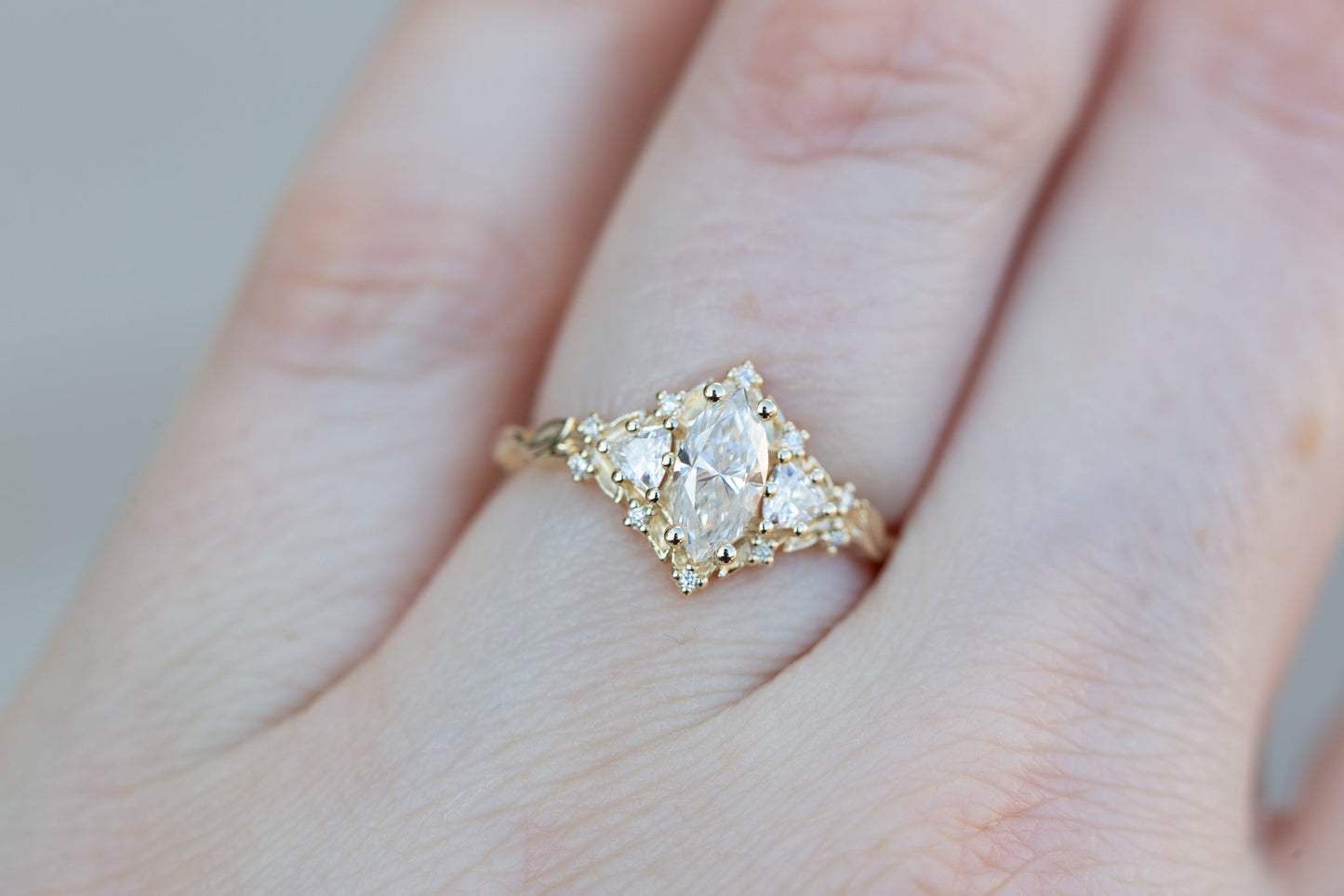 [Oramore jewelry]Briar rose three stone with 8x4mm marquise moissanite