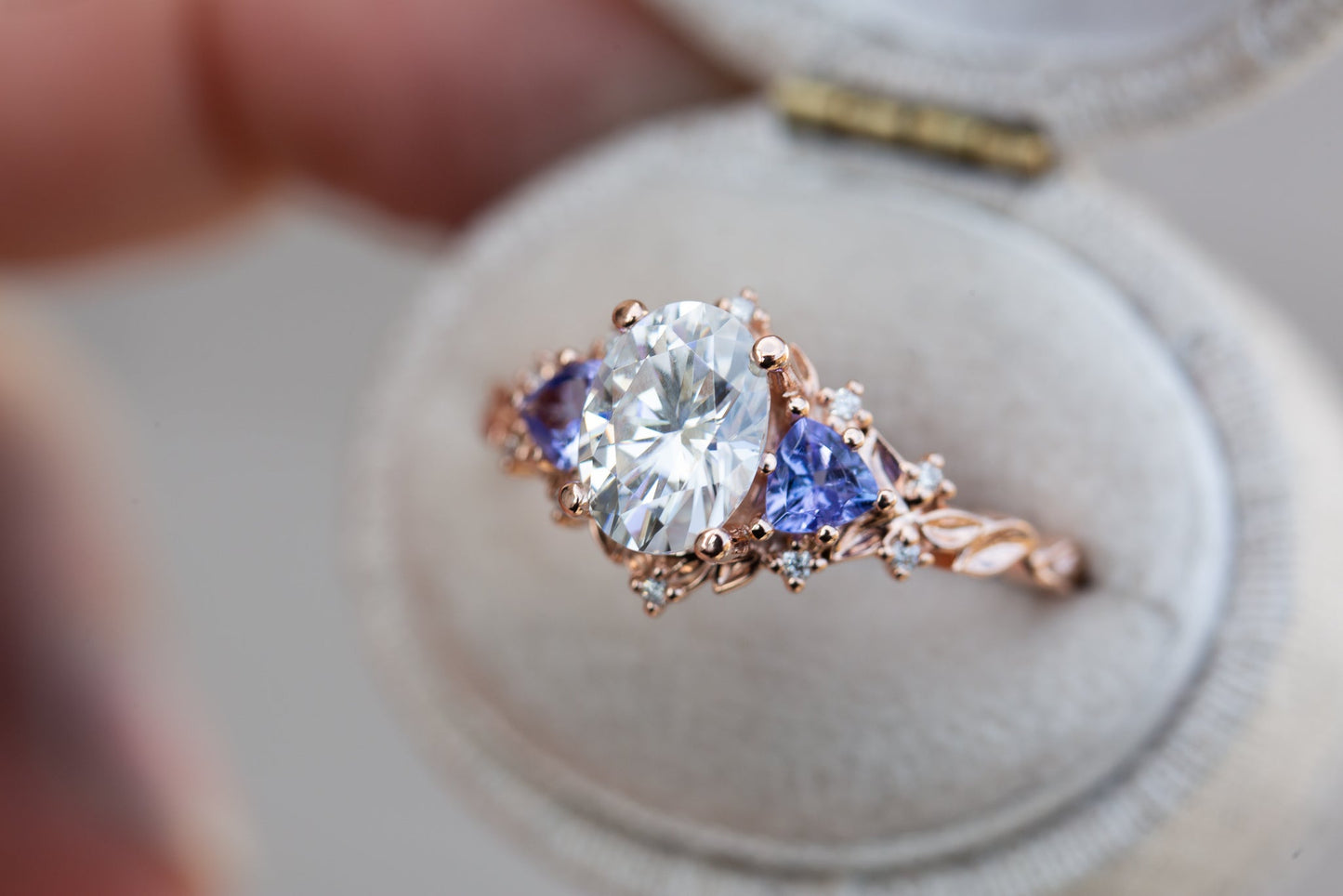 [Oramore jewelry]Briar rose three stone with 8x6mm oval moissanite and tanzanite