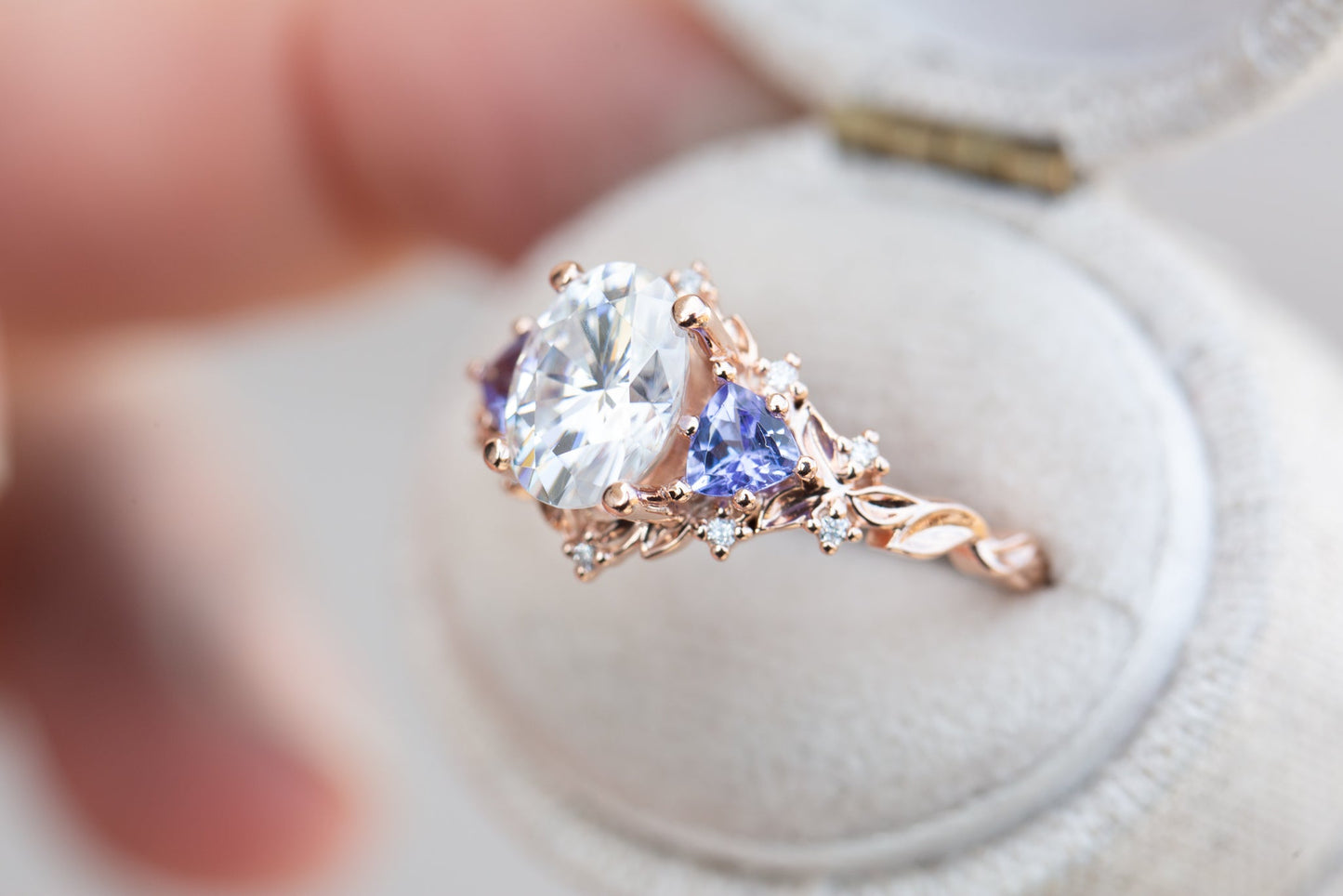 [Oramore jewelry]Briar rose three stone with 8x6mm oval moissanite and tanzanite