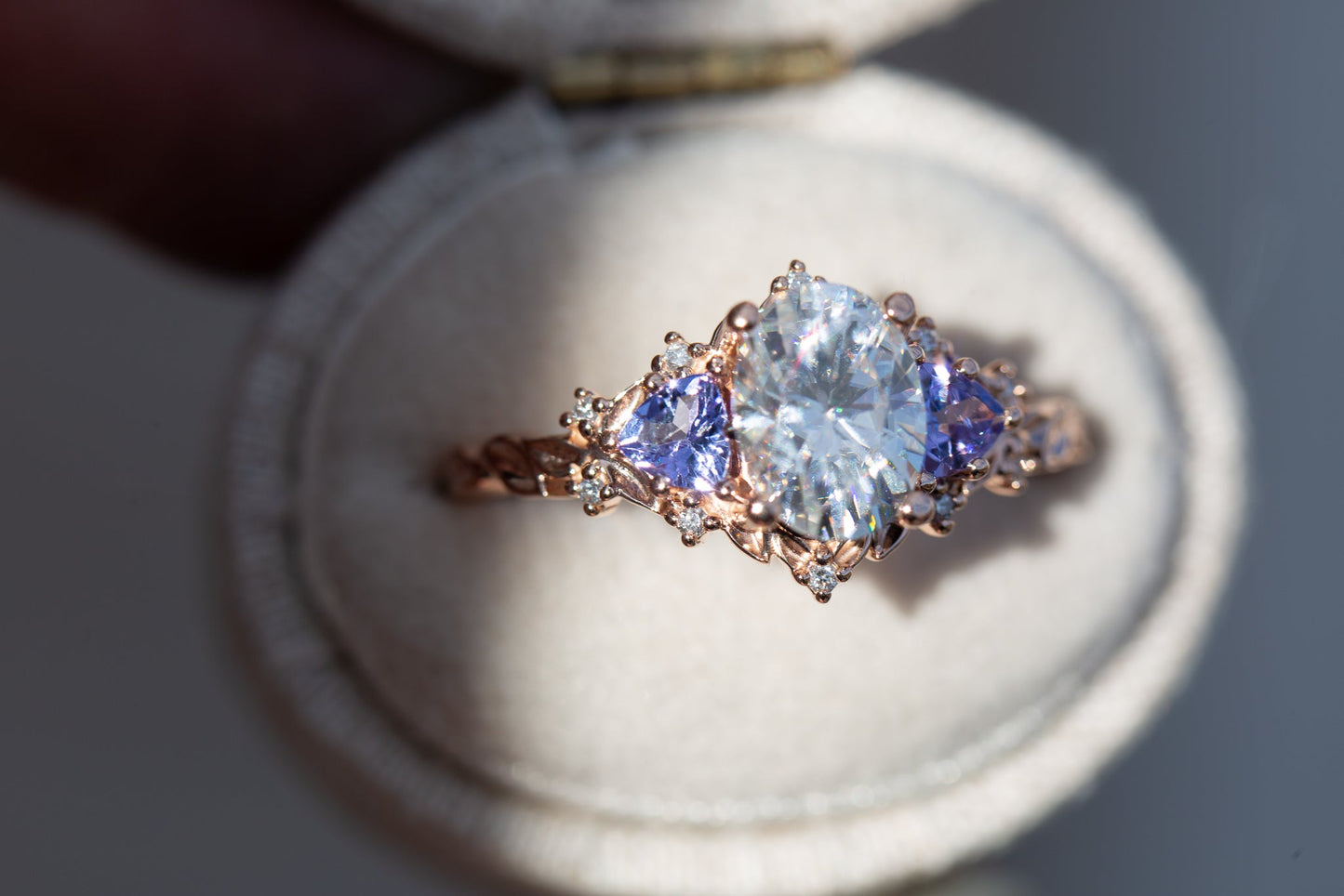 [Oramore jewelry]Briar rose three stone with 8x6mm oval moissanite and tanzanite