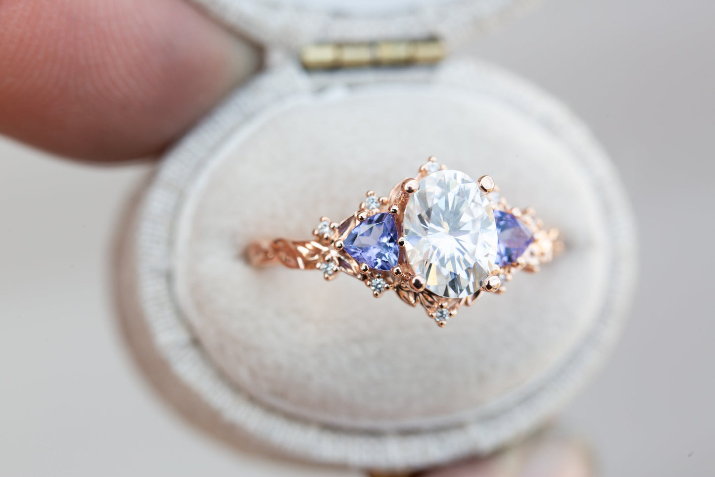 [Oramore jewelry]Briar rose three stone with 8x6mm oval moissanite and tanzanite