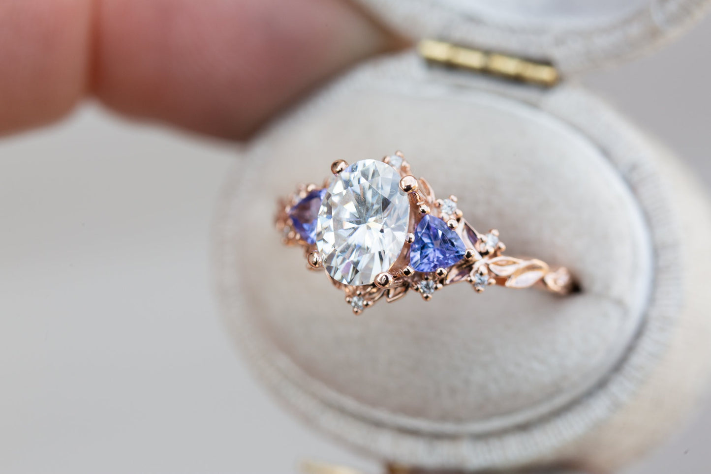 [Oramore jewelry]Briar rose three stone with 8x6mm oval moissanite and tanzanite