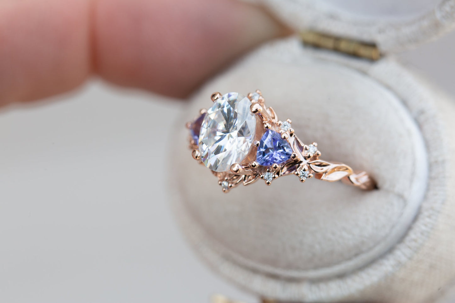 [Oramore jewelry]Briar rose three stone with 8x6mm oval moissanite and tanzanite