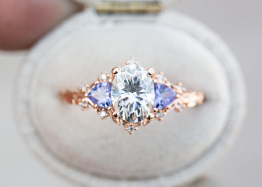 [Oramore jewelry]Briar rose three stone with 8x6mm oval moissanite and tanzanite