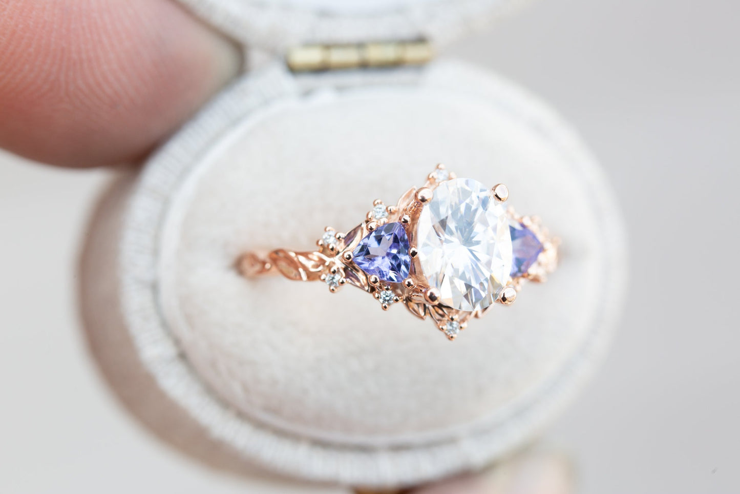 [Oramore jewelry]Briar rose three stone with 8x6mm oval moissanite and tanzanite