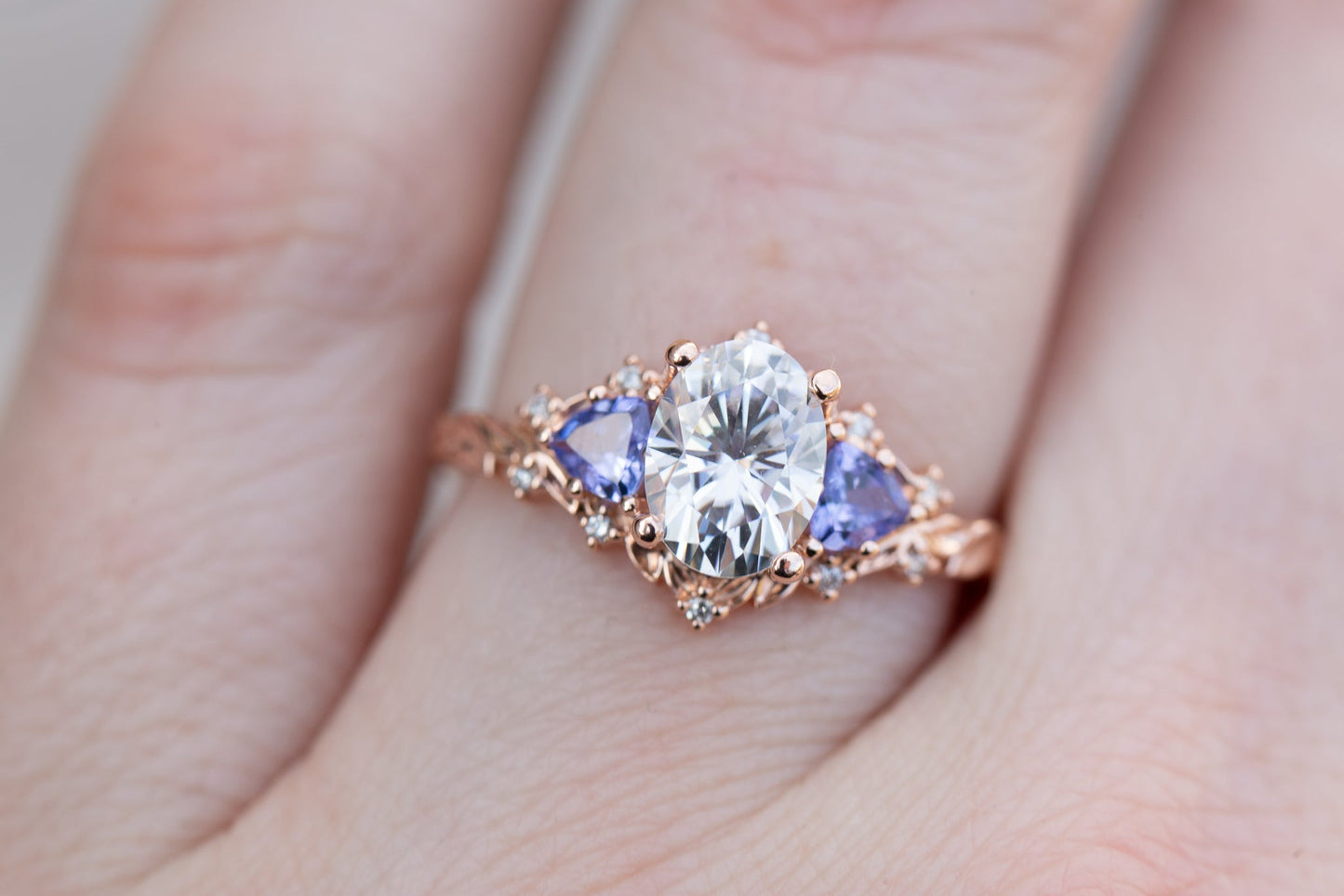[Oramore jewelry]Briar rose three stone with 8x6mm oval moissanite and tanzanite
