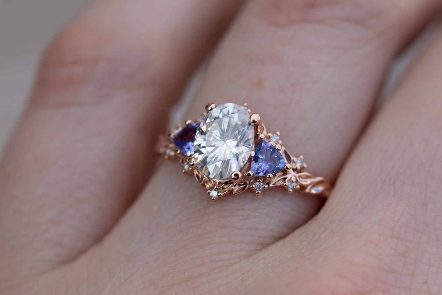 [Oramore jewelry]Briar rose three stone with 8x6mm oval moissanite and tanzanite