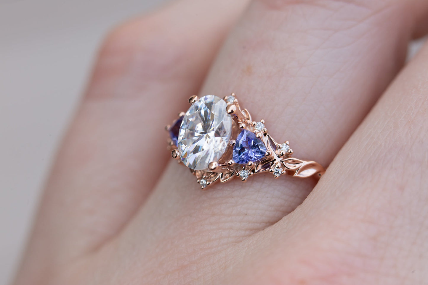 [Oramore jewelry]Briar rose three stone with 8x6mm oval moissanite and tanzanite
