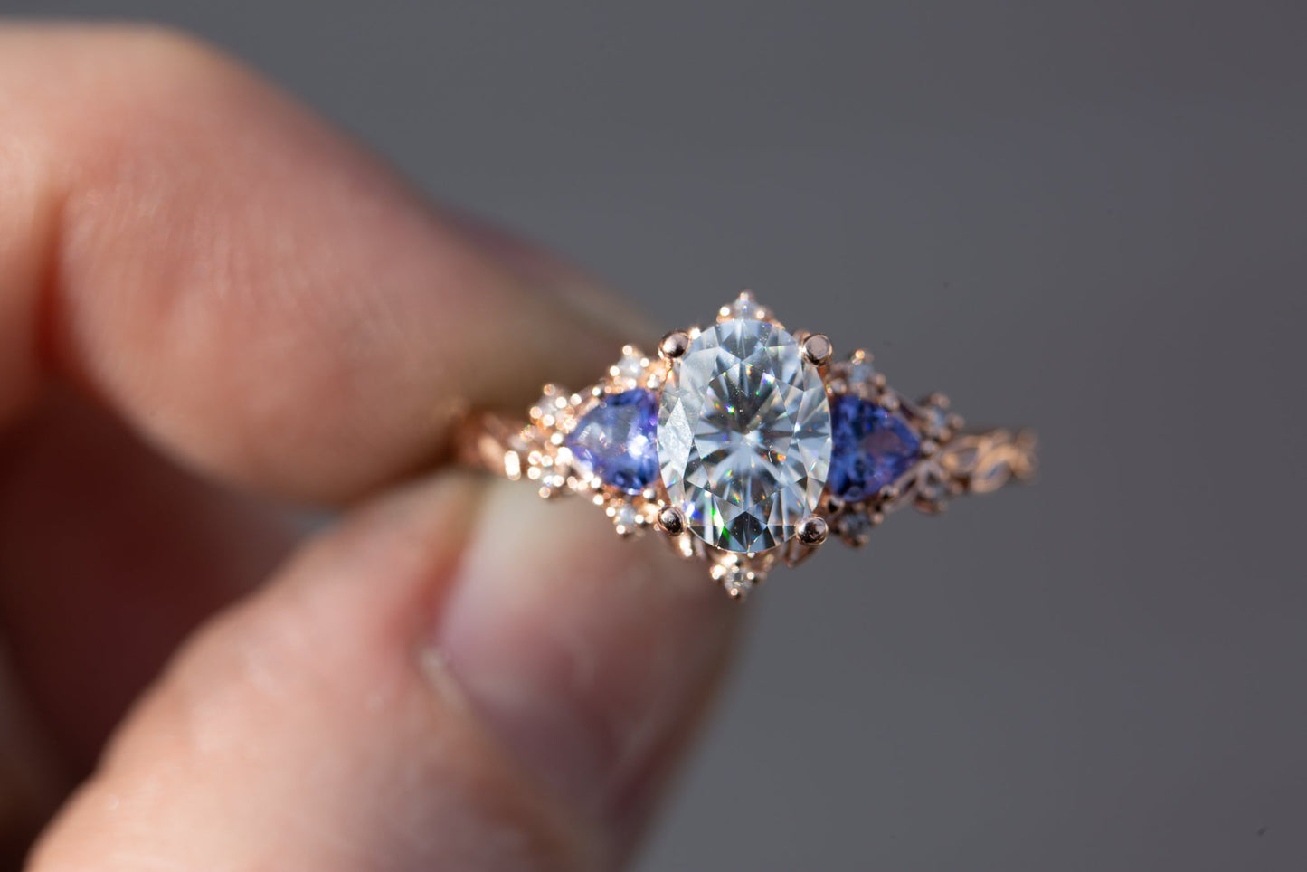 [Oramore jewelry]Briar rose three stone with 8x6mm oval moissanite and tanzanite