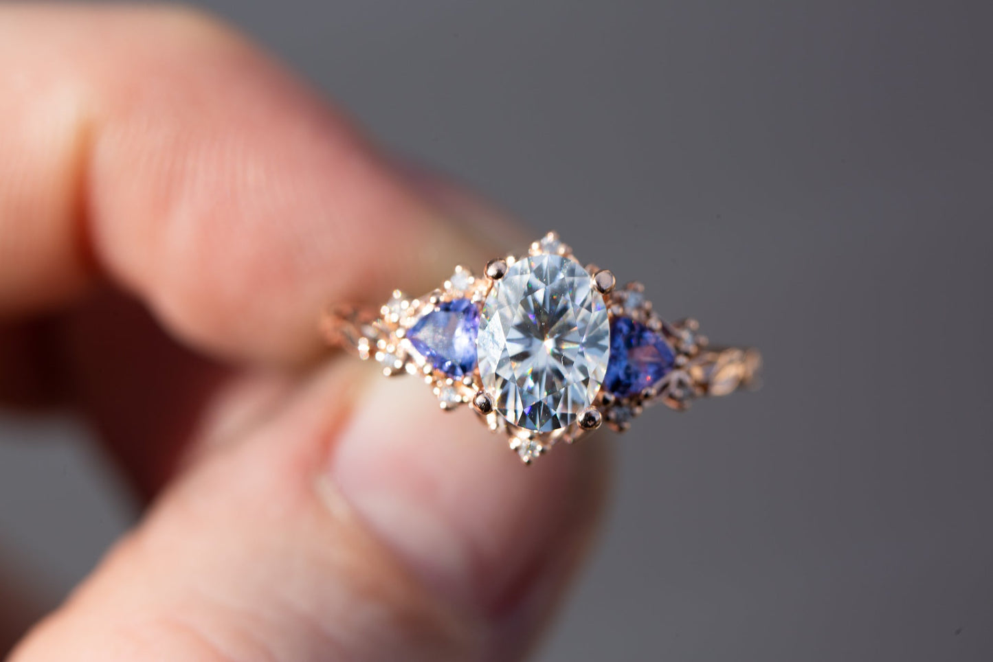 [Oramore jewelry]Briar rose three stone with 8x6mm oval moissanite and tanzanite