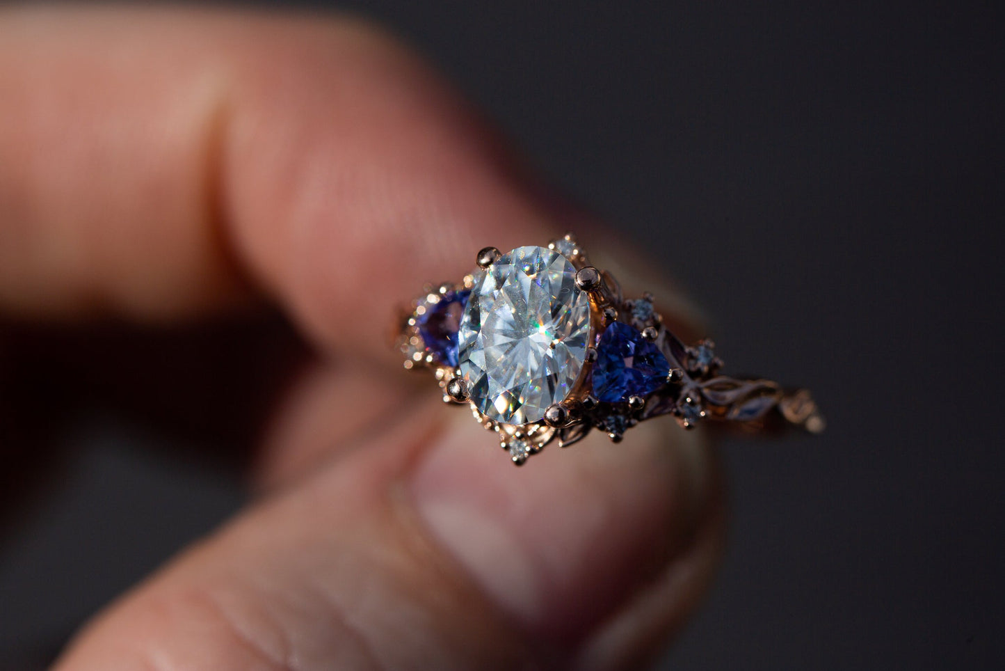 [Oramore jewelry]Briar rose three stone with 8x6mm oval moissanite and tanzanite