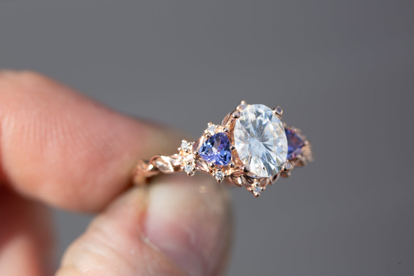[Oramore jewelry]Briar rose three stone with 8x6mm oval moissanite and tanzanite