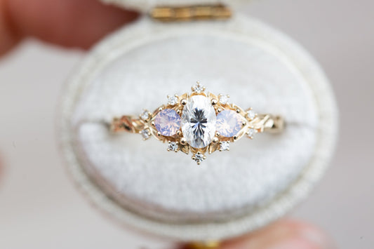 [Oramore Jewelry]Briar rose three stone with oval moissanite and opalescent sapphires