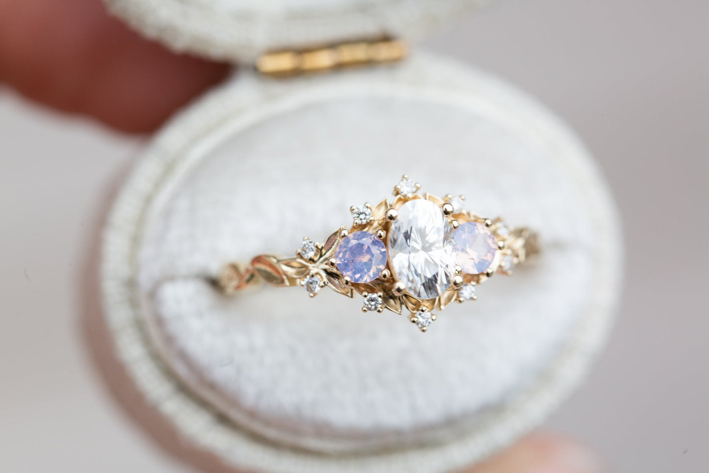[Oramore Jewelry]Briar rose three stone with oval moissanite and opalescent sapphires