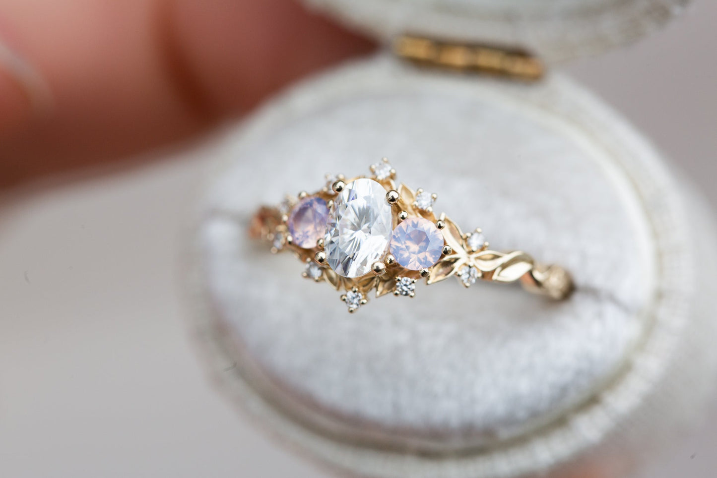 [Oramore Jewelry]Briar rose three stone with oval moissanite and opalescent sapphires