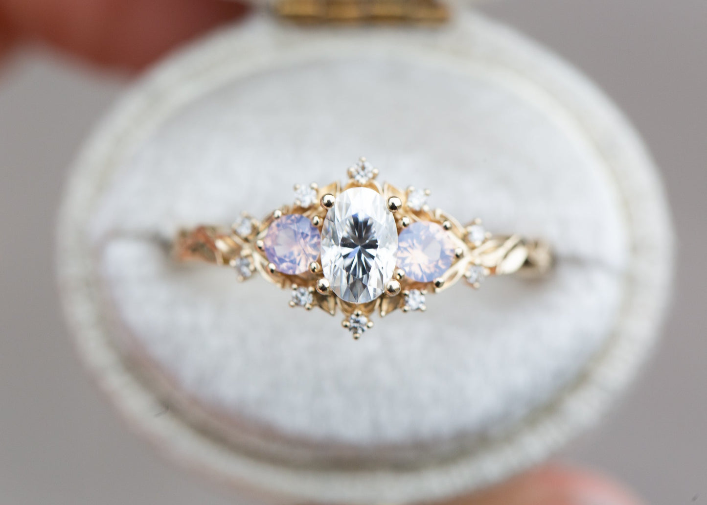 [Oramore Jewelry]Briar rose three stone with oval moissanite and opalescent sapphires