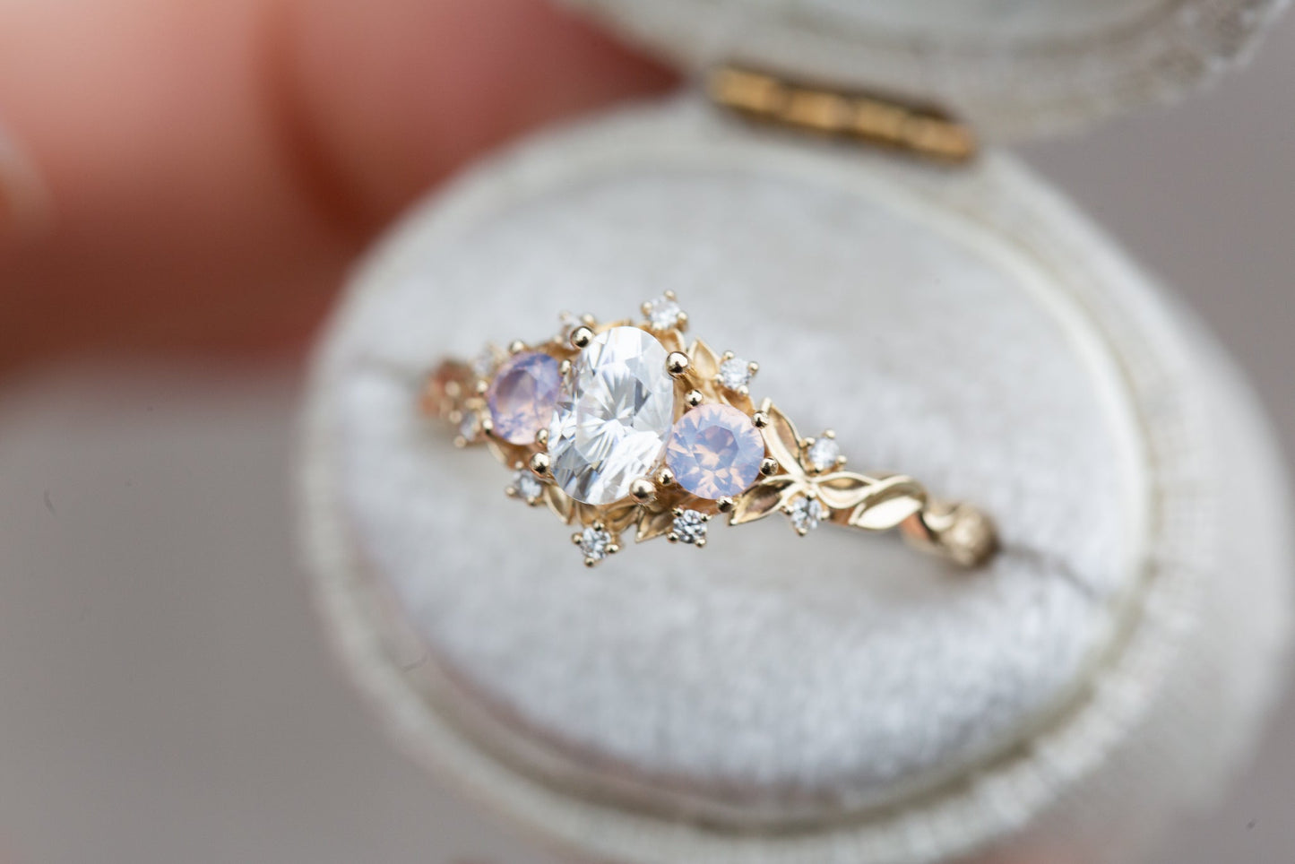 [Oramore Jewelry]Briar rose three stone with oval moissanite and opalescent sapphires
