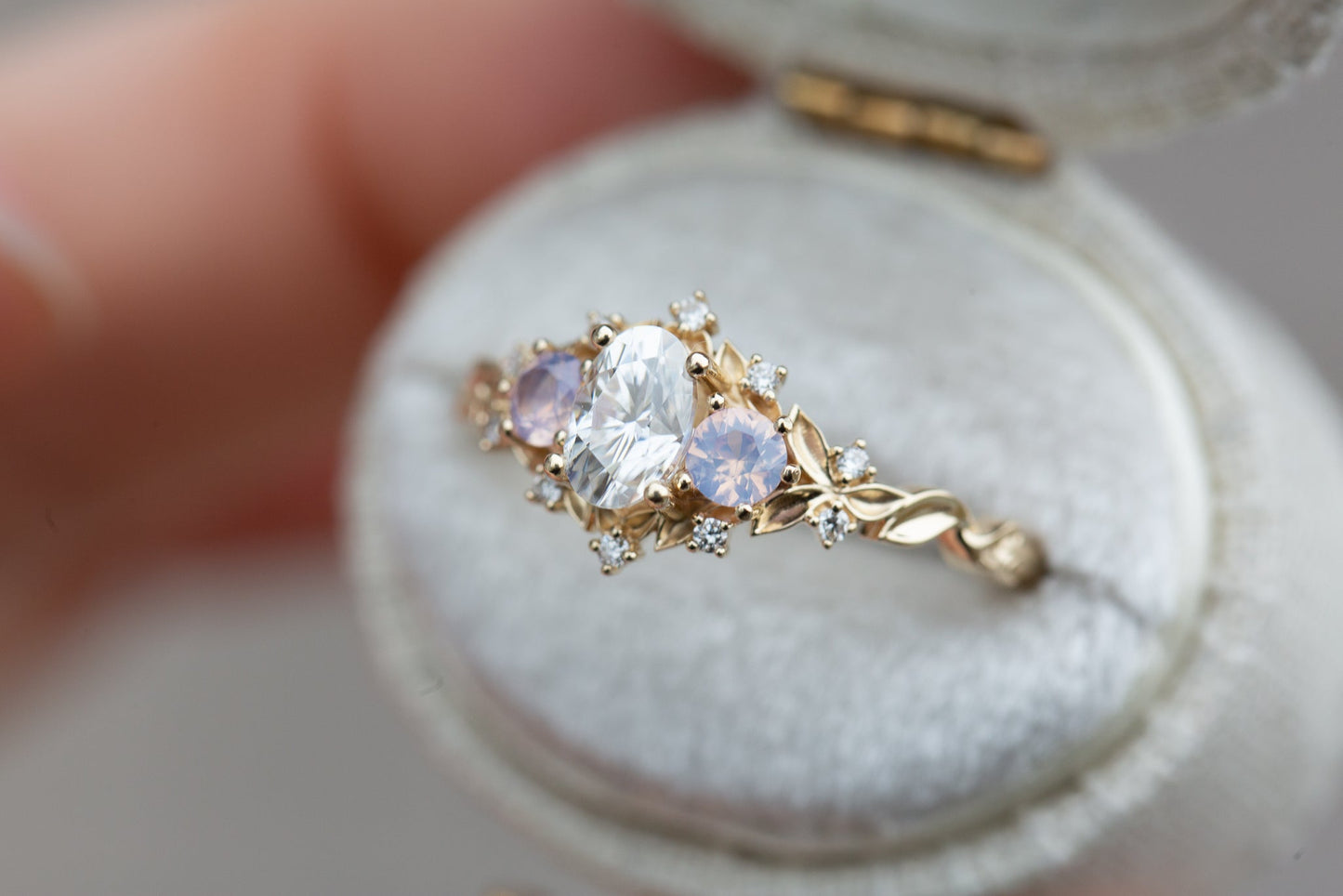 [Oramore Jewelry]Briar rose three stone with oval moissanite and opalescent sapphires