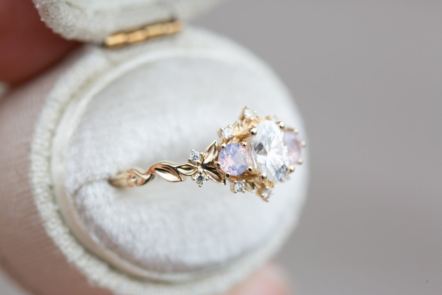 [Oramore Jewelry]Briar rose three stone with oval moissanite and opalescent sapphires
