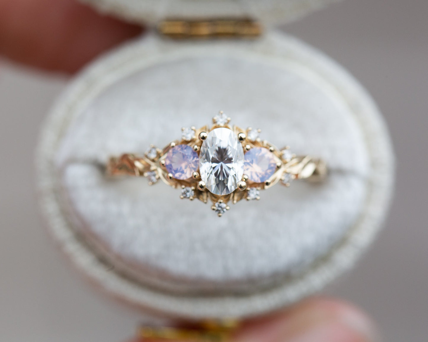 [Oramore Jewelry]Briar rose three stone with oval moissanite and opalescent sapphires
