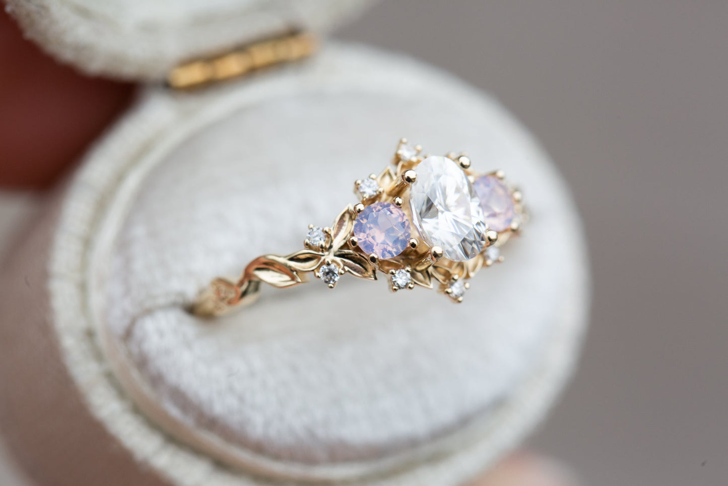 [Oramore Jewelry]Briar rose three stone with oval moissanite and opalescent sapphires