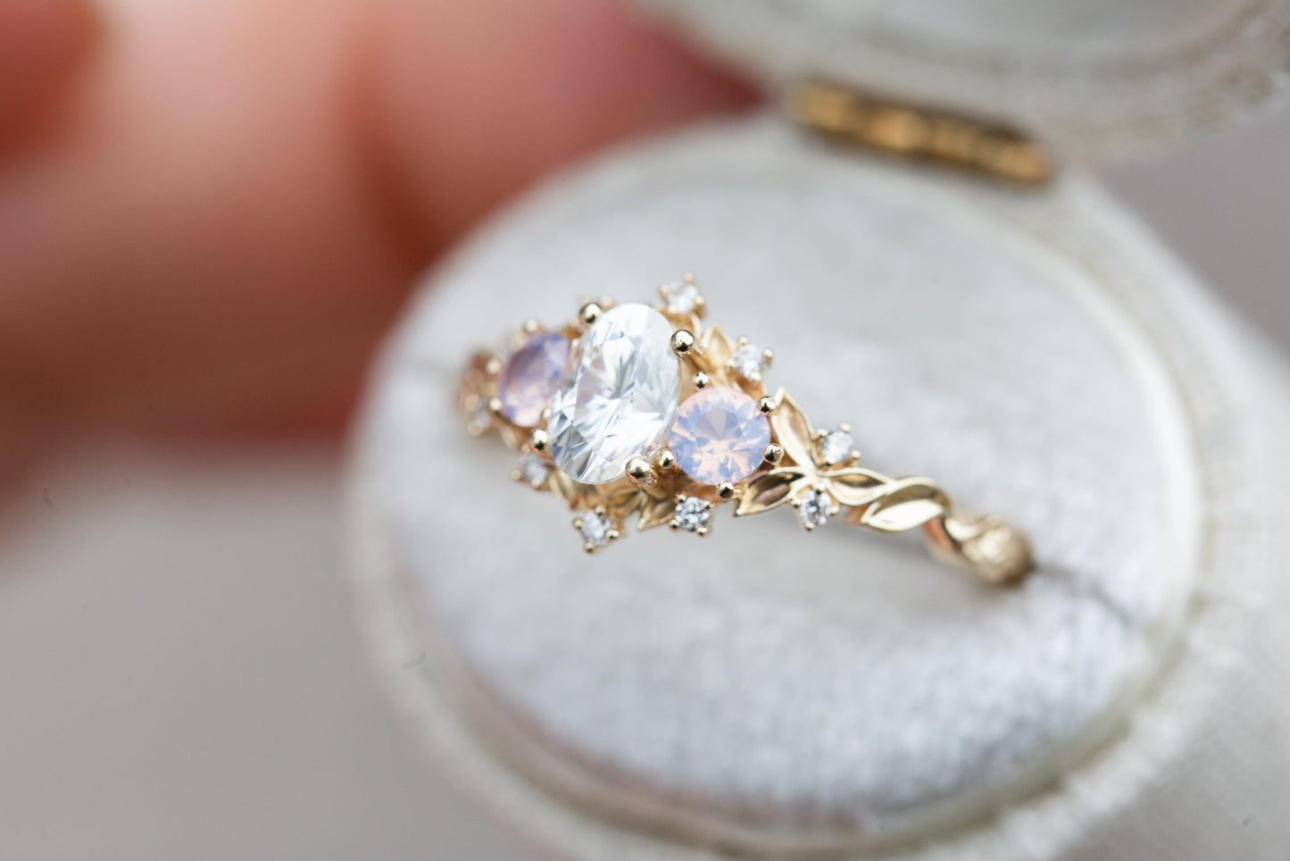 [Oramore Jewelry]Briar rose three stone with oval moissanite and opalescent sapphires