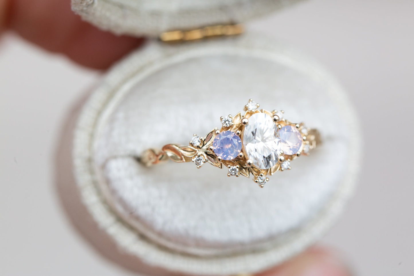 [Oramore Jewelry]Briar rose three stone with oval moissanite and opalescent sapphires