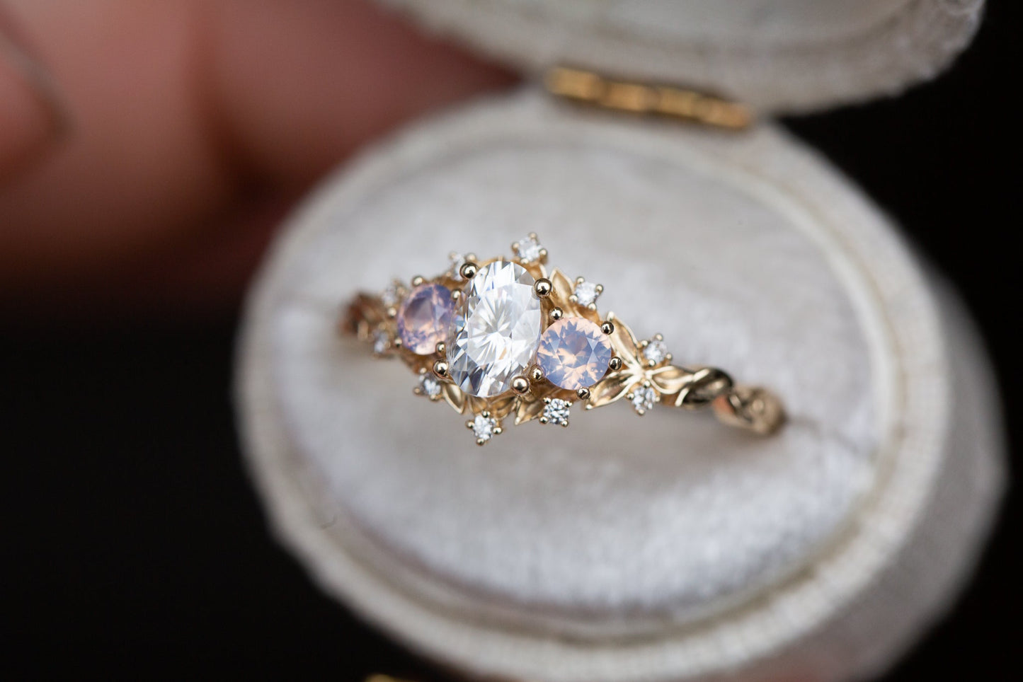 [Oramore Jewelry]Briar rose three stone with oval moissanite and opalescent sapphires