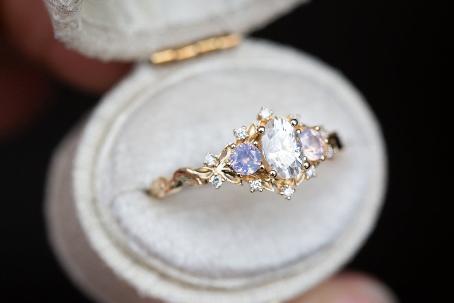 [Oramore Jewelry]Briar rose three stone with oval moissanite and opalescent sapphires