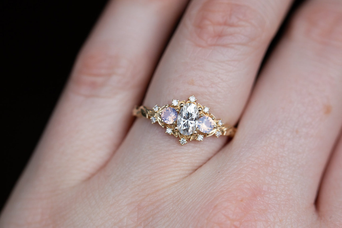[Oramore Jewelry]Briar rose three stone with oval moissanite and opalescent sapphires