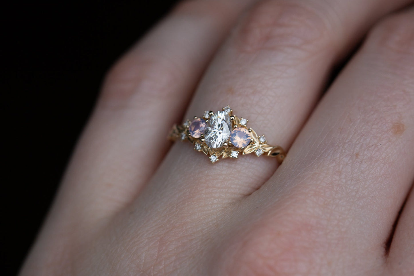 [Oramore Jewelry]Briar rose three stone with oval moissanite and opalescent sapphires