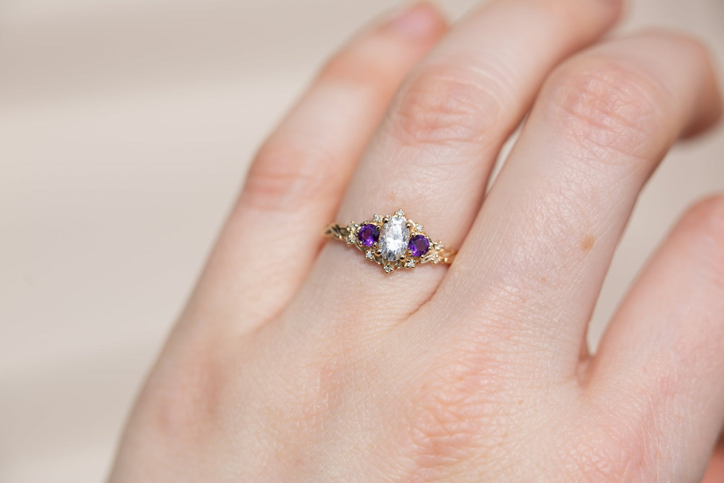 [Oramore Jewelry]Briar rose three stone with oval moissanite and round amethyst side stones (fairy queen)