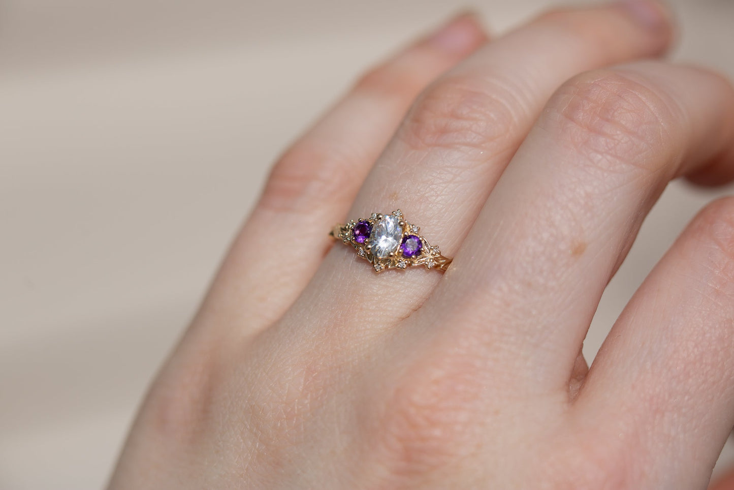 [Oramore Jewelry]Briar rose three stone with oval moissanite and round amethyst side stones (fairy queen)