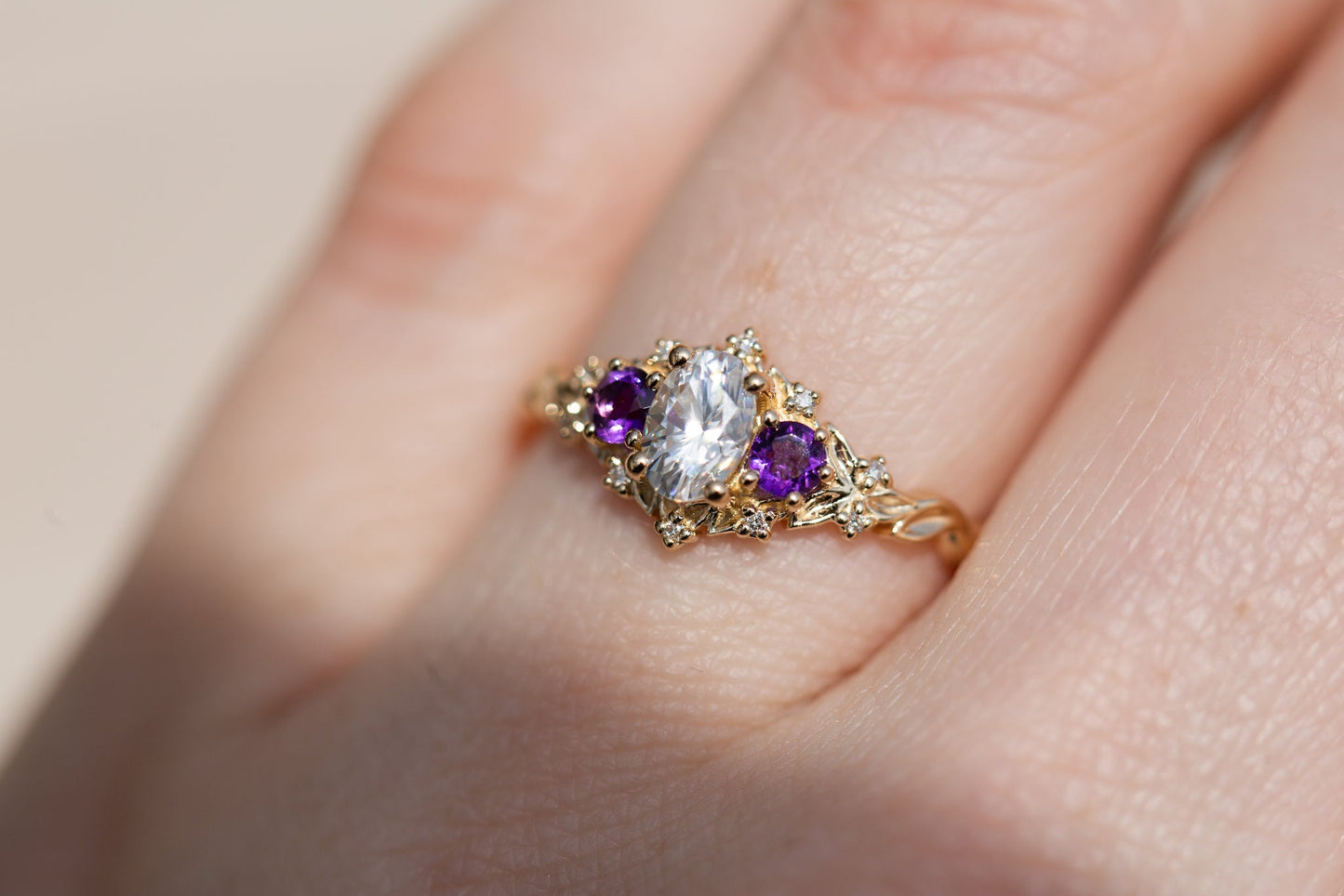 [Oramore Jewelry]Briar rose three stone with oval moissanite and round amethyst side stones (fairy queen)