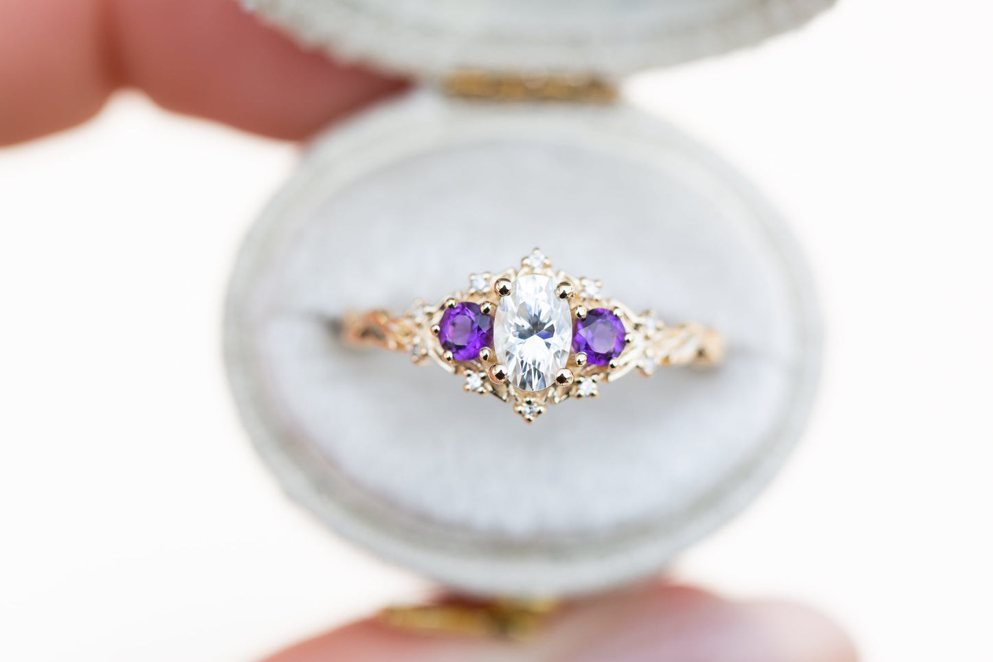 [Oramore Jewelry]Briar rose three stone with oval moissanite and round amethyst side stones (fairy queen)