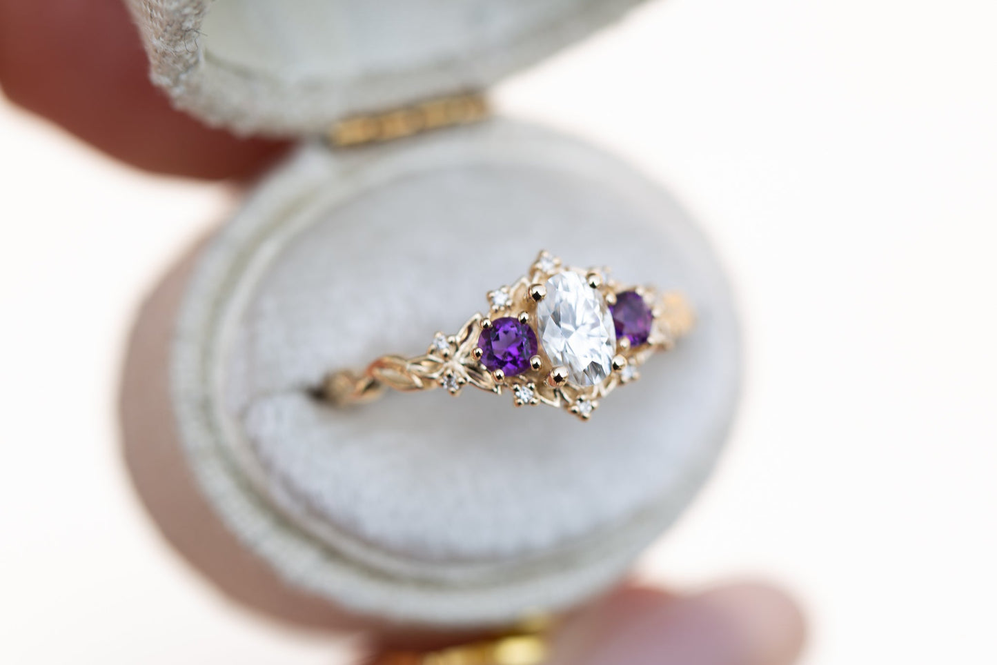 [Oramore Jewelry]Briar rose three stone with oval moissanite and round amethyst side stones (fairy queen)