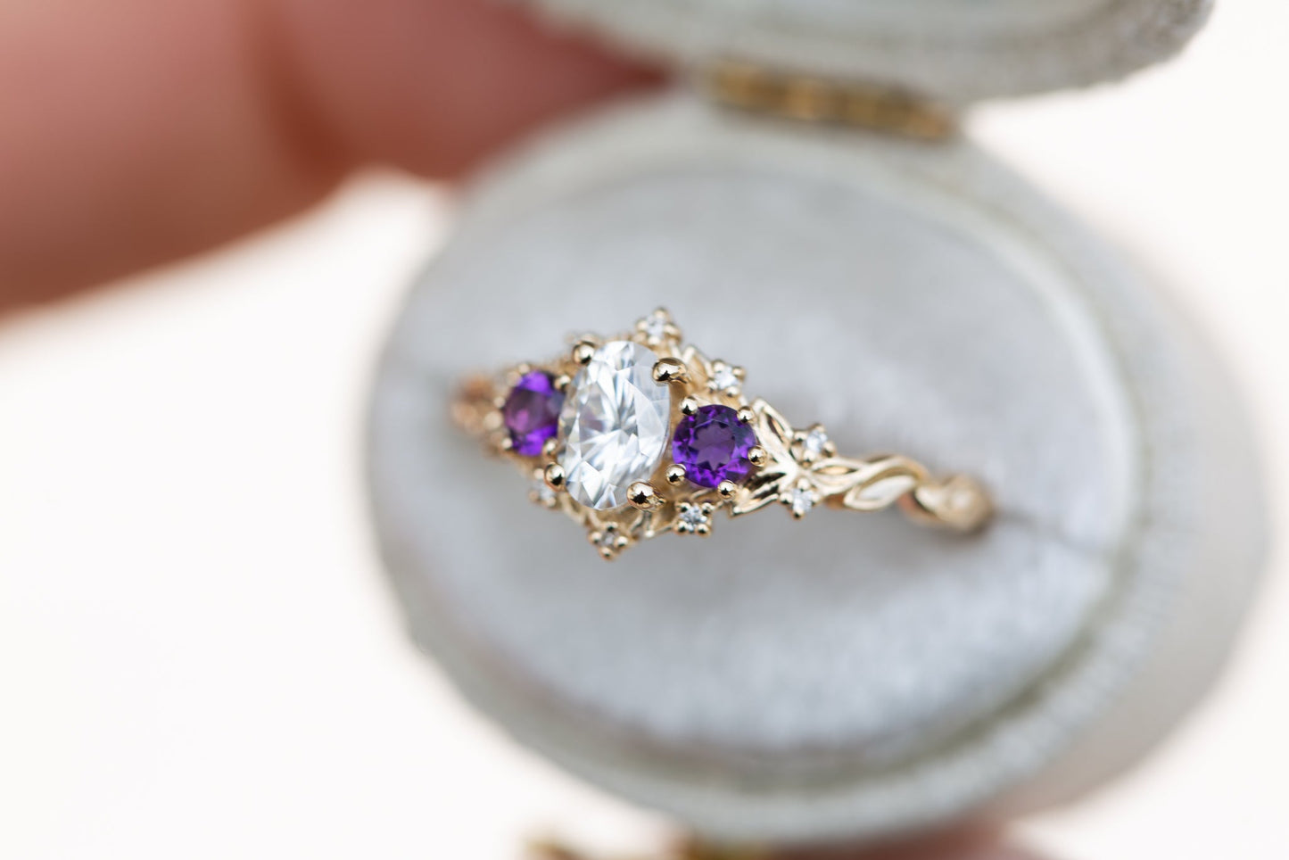 [Oramore Jewelry]Briar rose three stone with oval moissanite and round amethyst side stones (fairy queen)