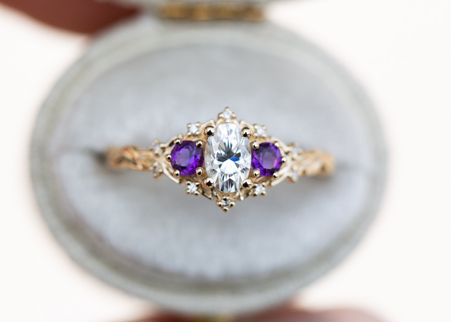 [Oramore Jewelry]Briar rose three stone with oval moissanite and round amethyst side stones (fairy queen)