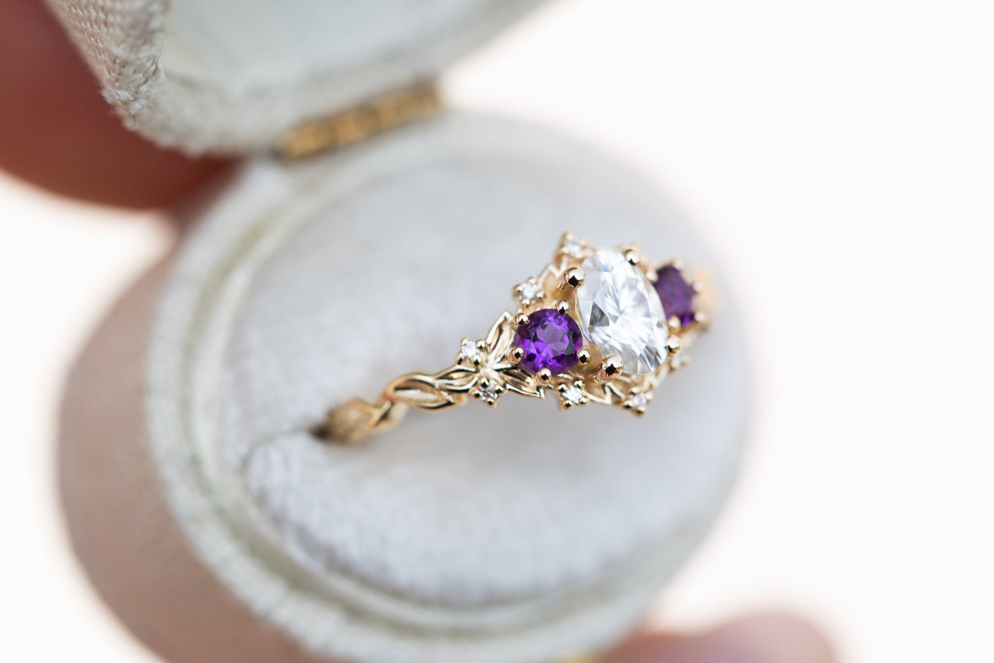 [Oramore Jewelry]Briar rose three stone with oval moissanite and round amethyst side stones (fairy queen)