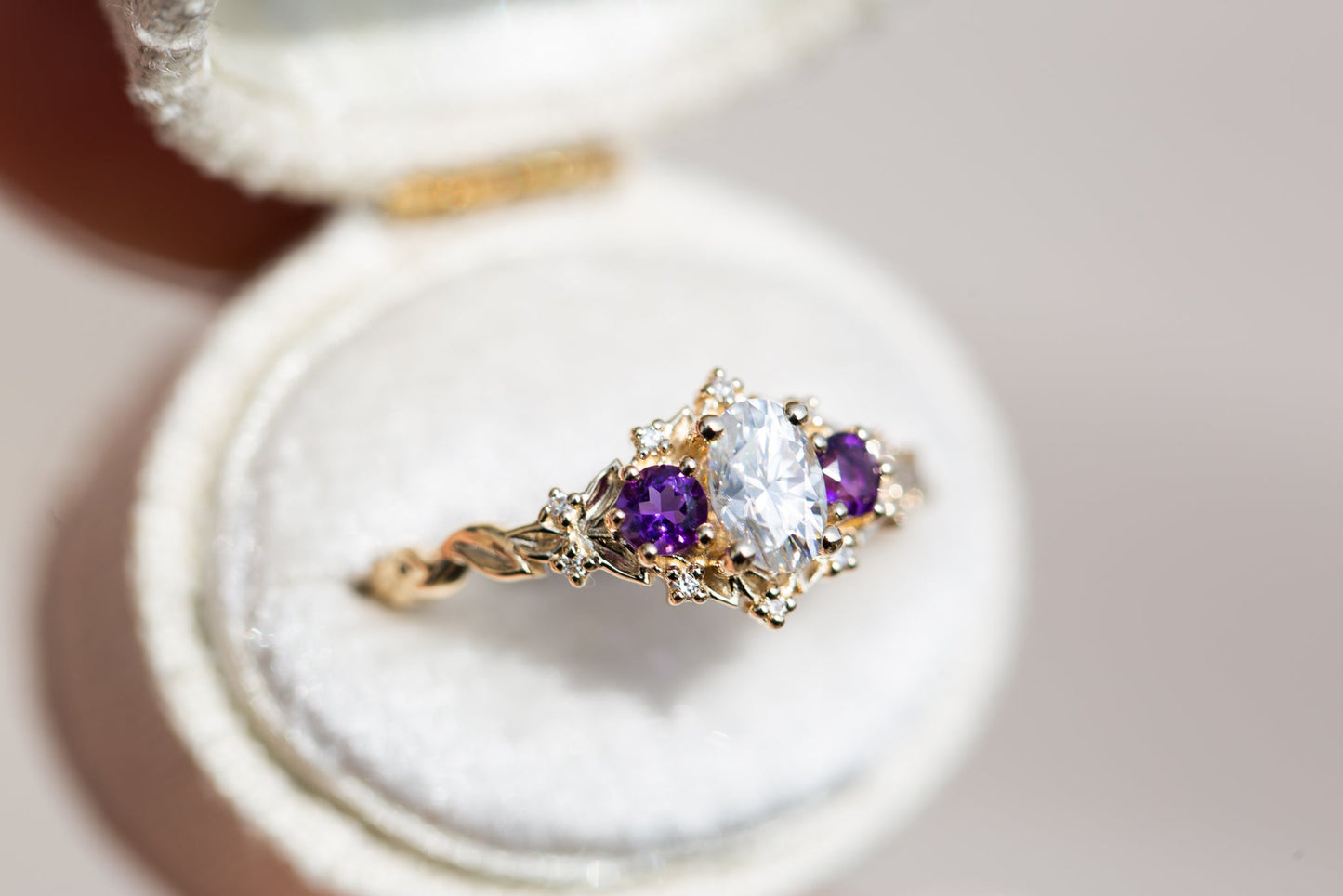 [Oramore Jewelry]Briar rose three stone with oval moissanite and round amethyst side stones (fairy queen)