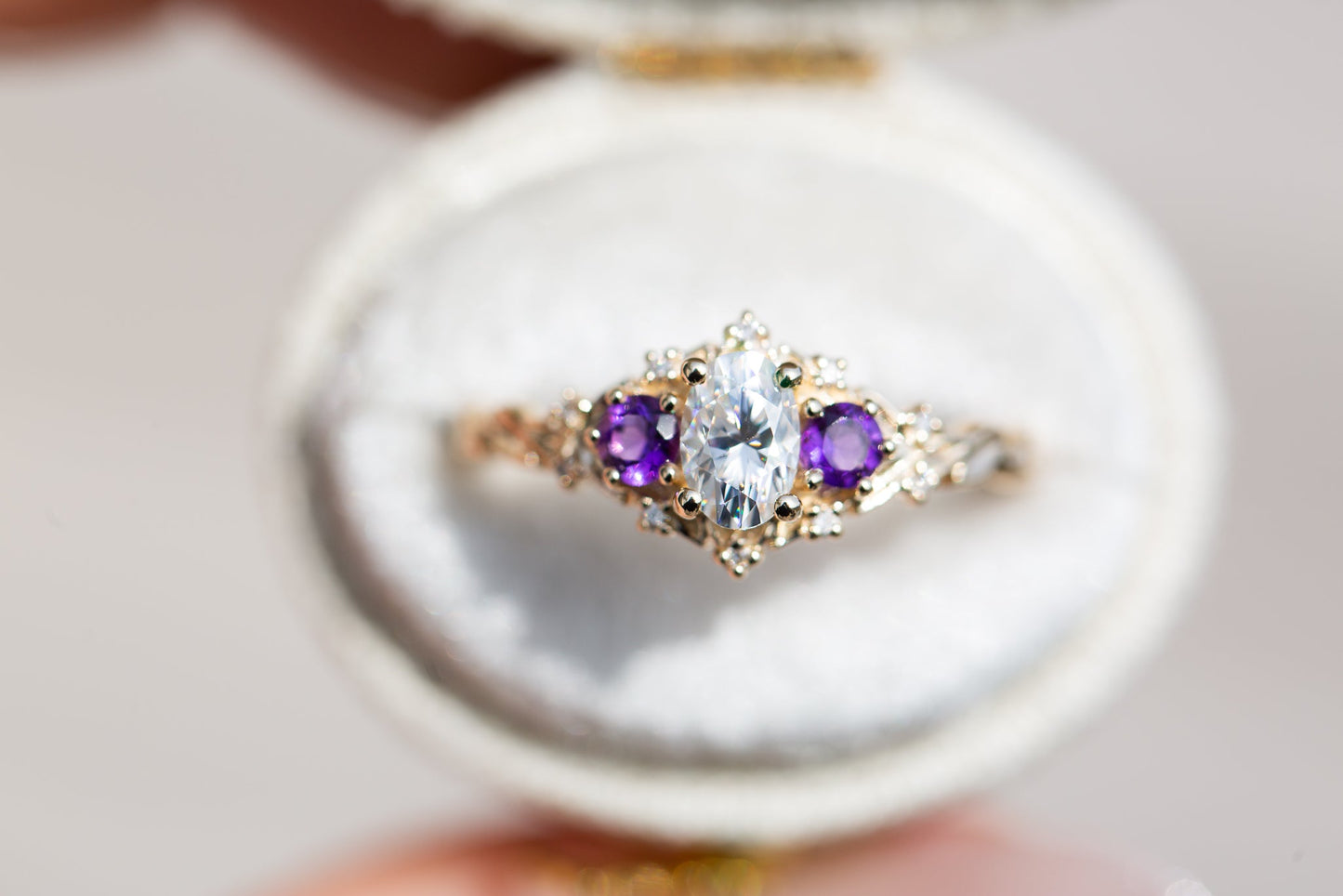 [Oramore Jewelry]Briar rose three stone with oval moissanite and round amethyst side stones (fairy queen)