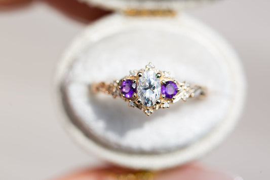[Oramore Jewelry]Briar rose three stone with oval moissanite and round amethyst side stones (fairy queen)