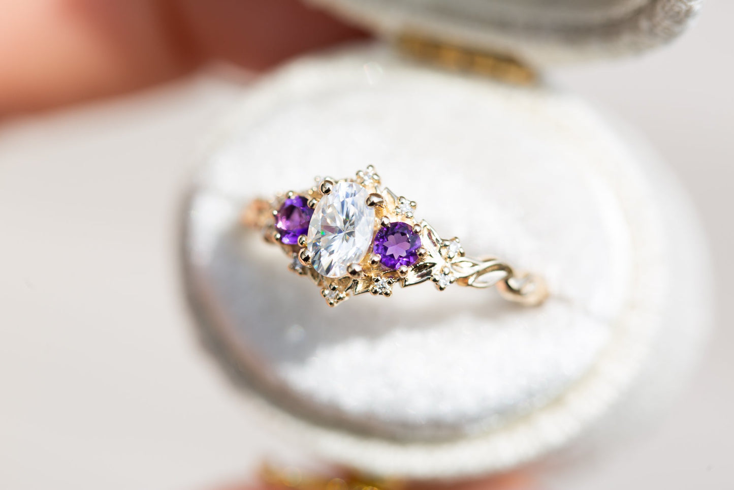 [Oramore Jewelry]Briar rose three stone with oval moissanite and round amethyst side stones (fairy queen)