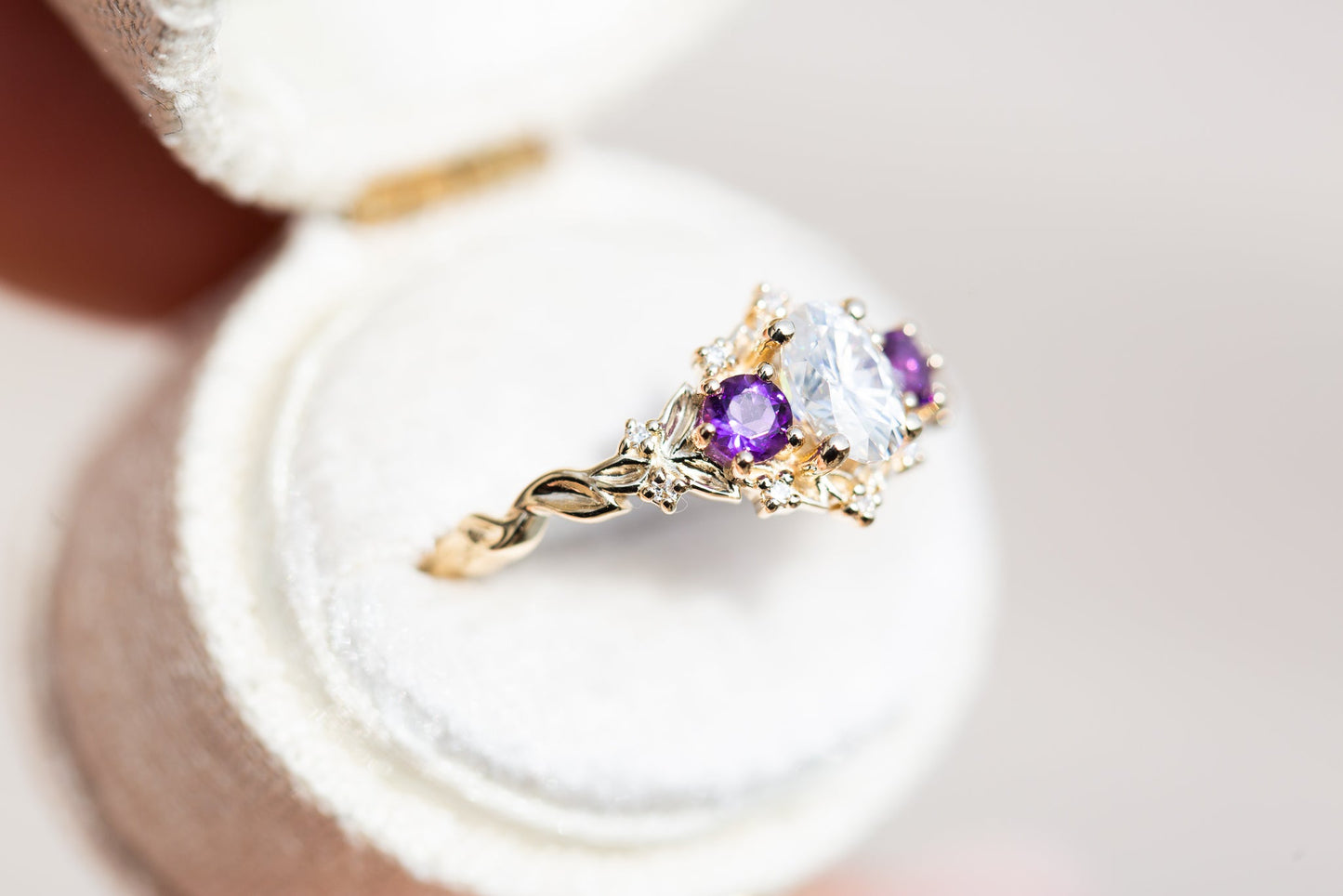 [Oramore Jewelry]Briar rose three stone with oval moissanite and round amethyst side stones (fairy queen)