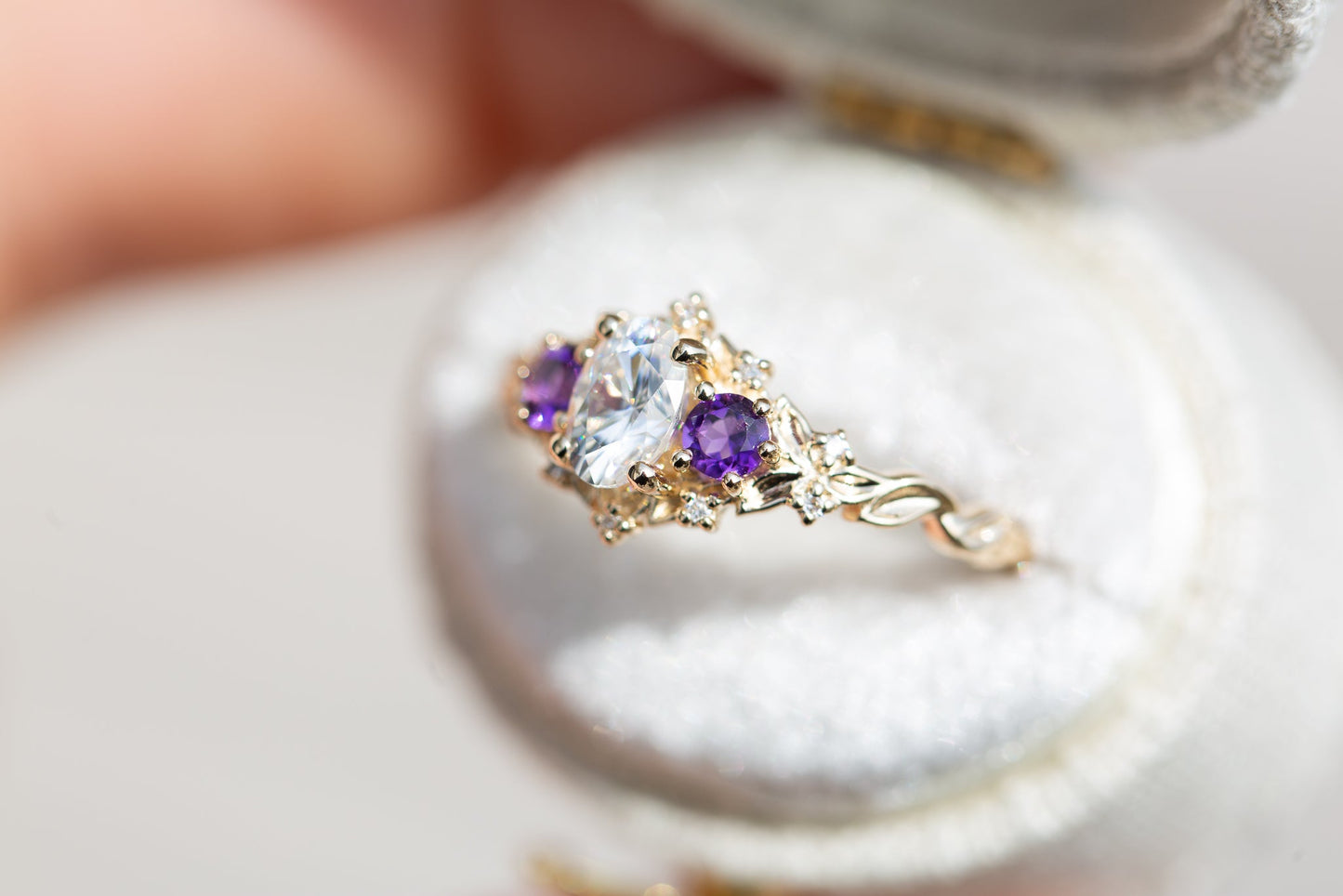 [Oramore Jewelry]Briar rose three stone with oval moissanite and round amethyst side stones (fairy queen)