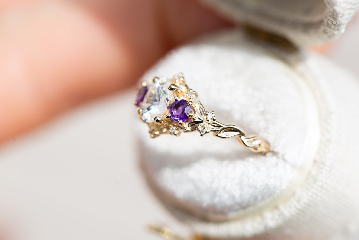 [Oramore Jewelry]Briar rose three stone with oval moissanite and round amethyst side stones (fairy queen)