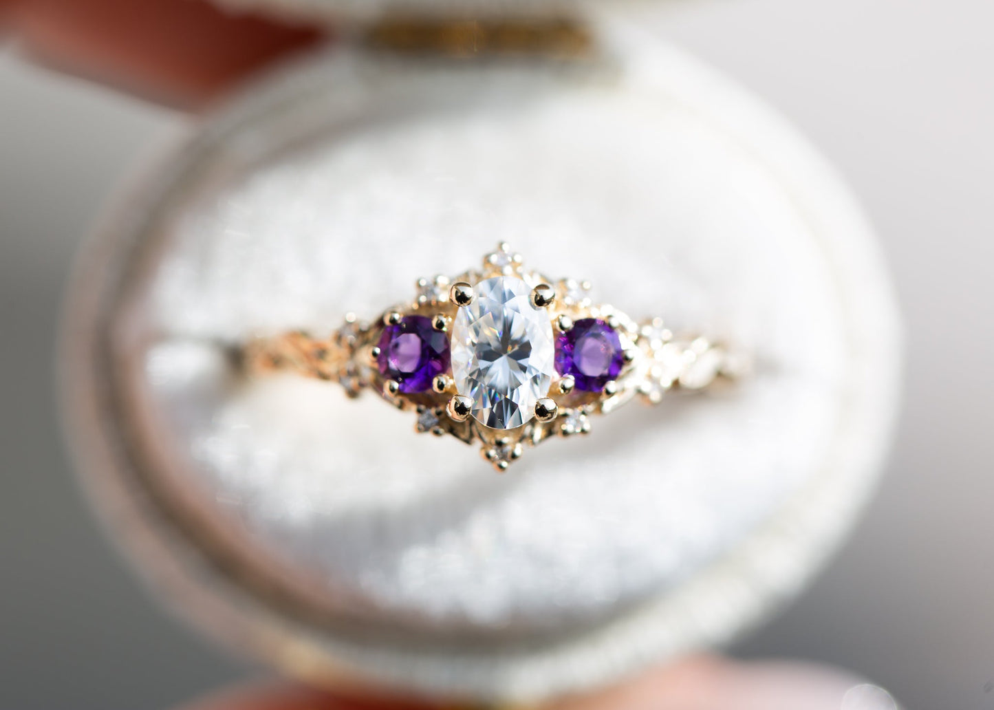 [Oramore Jewelry]Briar rose three stone with oval moissanite and round amethyst side stones (fairy queen)