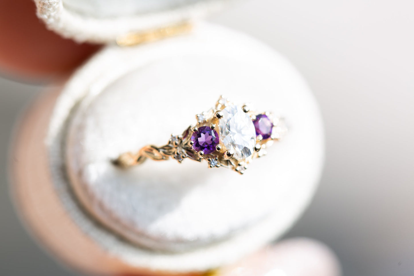 [Oramore Jewelry]Briar rose three stone with oval moissanite and round amethyst side stones (fairy queen)